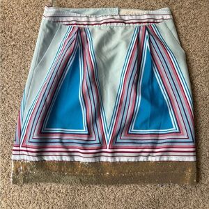 Isani (via Anthropologie) Geometric Blue & Red Mini Skirt with Gold Sequin Hem